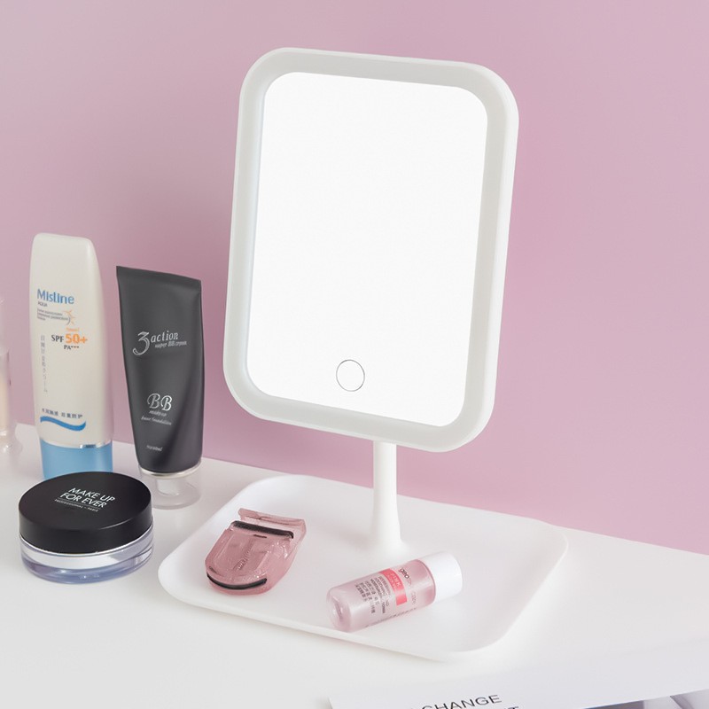 Espejo de Maquillaje Recargable con Luz LED y Control Táctil, Marco de ABS y Vidrio, para Tocador y Baño