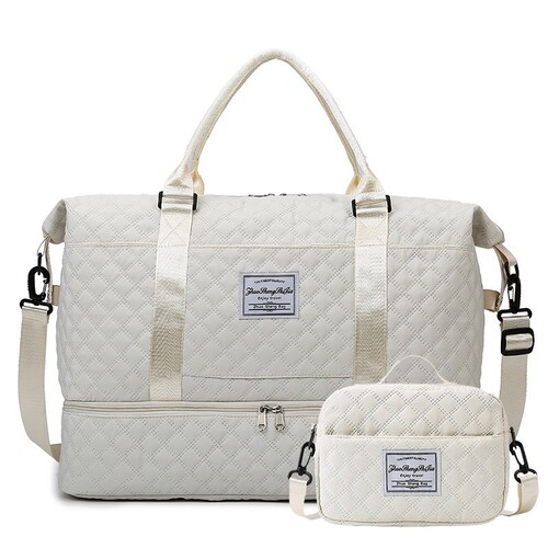 Thickened diamond grid dry-wet separation sports tote bag, short trip yoga fitness bag, large capacity shoe storage travel bag