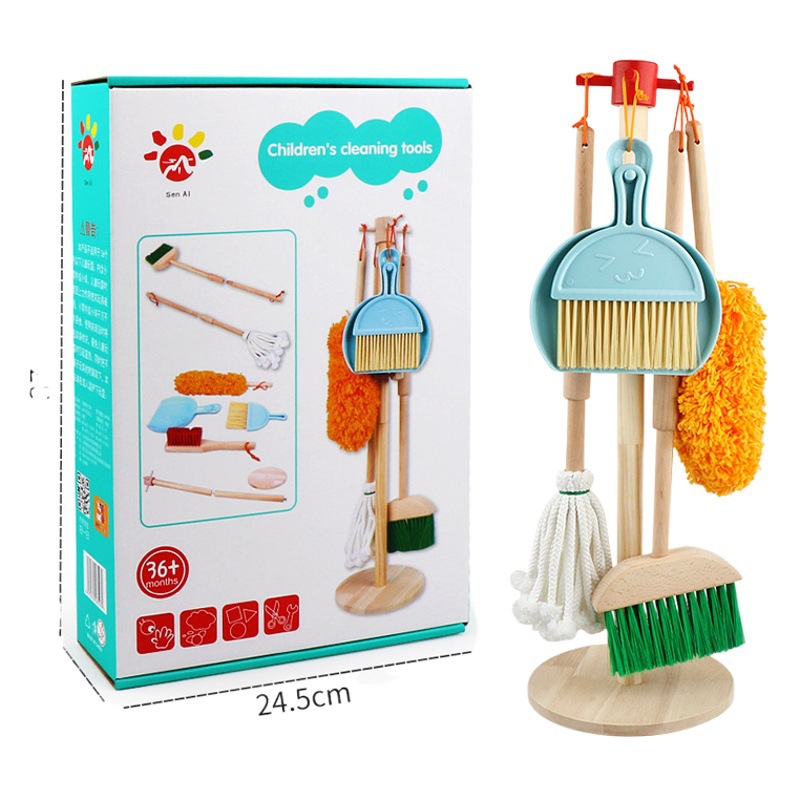 Los niños transfronterizos juegan a la casa traje de limpieza de simulación educación temprana escoba de madera barrido fregona herramienta de limpieza de juguete