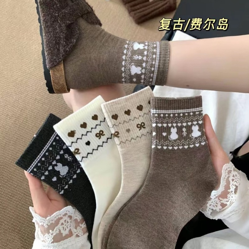 Autumn and Winter New Stylish Women's Mid-Calf Retro Fair Isle Slouch Socks, Melad Casual Socks, Zhuji Socks Autumn and Winter New Stylish Women's Mid-Calf Retro Fair Isle Slouch Socks, Melad Casual Socks, Zhuji Socks