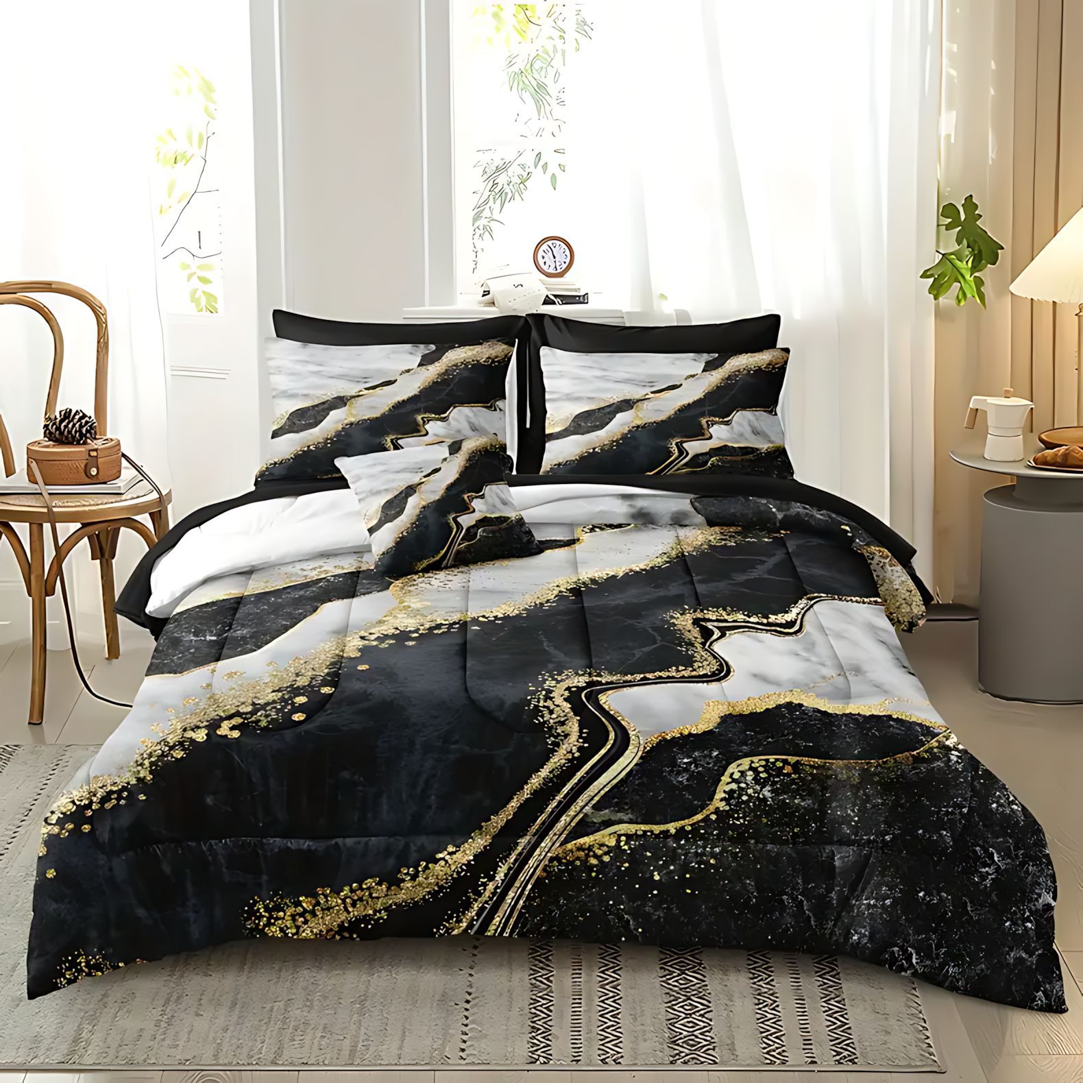 TEMU / JIT transfronterizo textil doméstico negro oro movimiento arena impresión digital 3D 180gms colcha colcha almohada set fuente fabricante
