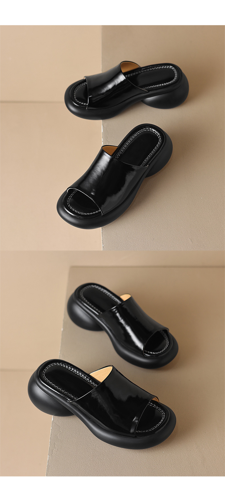 Dép sandal nữ quai chữ V đế dày da PU mũi hở — màu đen, màu trắng chi tiết 13