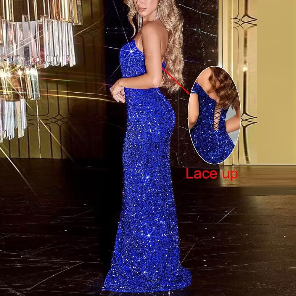 2025 vestido de baile de cola de pescado largo sin correa de hombro brillante vestido de baile formal con bifurcación