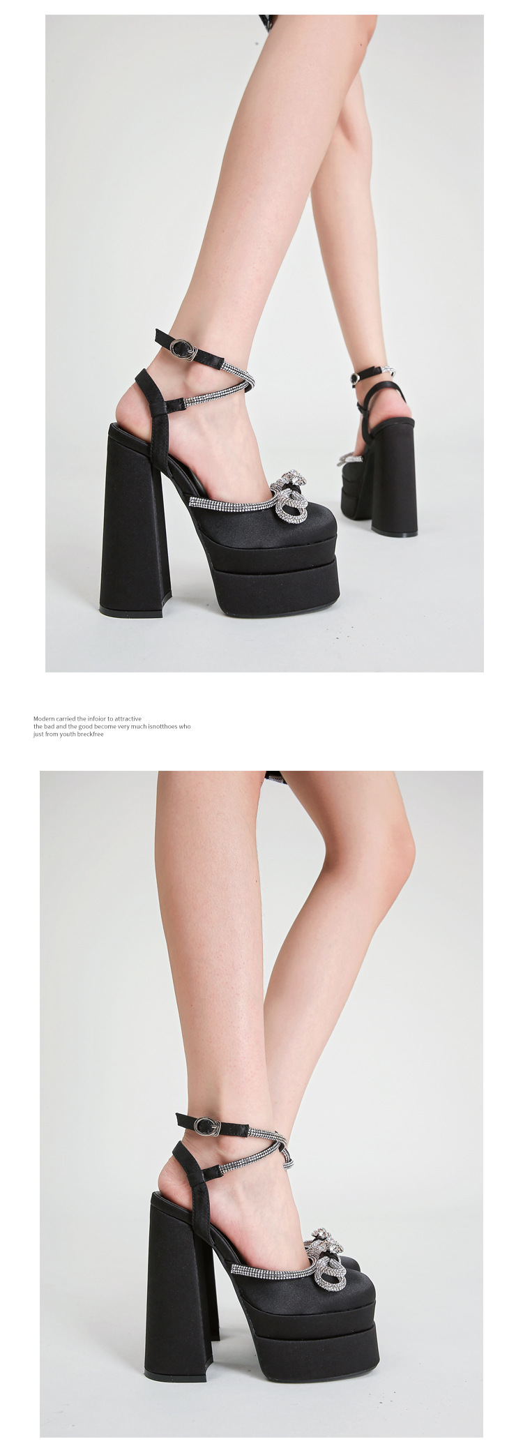 Giày sandal cao gót nữ đính đá dây đeo mắt cá chân, đế chống thấm nước, gót 9 cm — Màu đen chi tiết 5