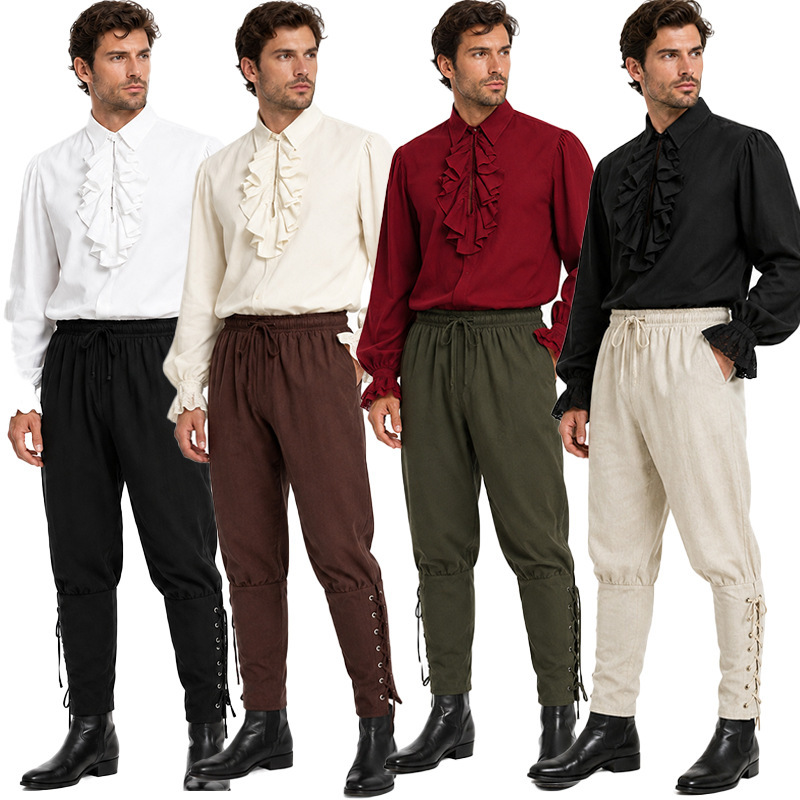 Medieval Men's Punk Retro Shirt, Men's Cotton and Linen Trousers, Ankle-Tie Pants, Lace-Up Viking Pirate Leggings Medieval Men's Punk Retro Shirt, Men's Cotton and Linen Trousers, Ankle-Tie Pants, Lace-Up Viking Pirate Leggings