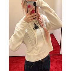 韩国限定~西太后25早秋新款土星提花白色连帽针织衫休闲套头毛衣
