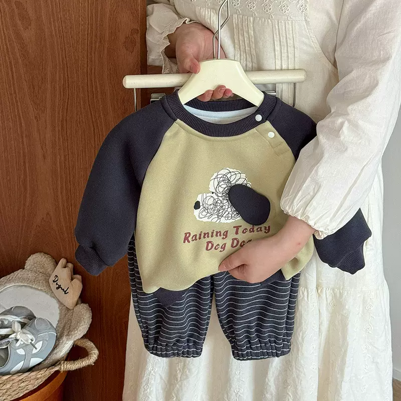 男童一体绒套装秋冬款男宝卡通加绒卫衣婴幼儿条纹卫裤两件套 a类