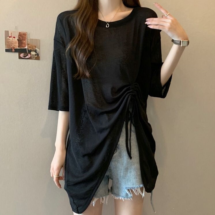 Plus-Size Irregular Drawstring Short-Sleeve T-Shirt for Women, Summer Thin Sun-Protective Cover-Up, Mid-Length Top That Covers the Hips for Curvy Women