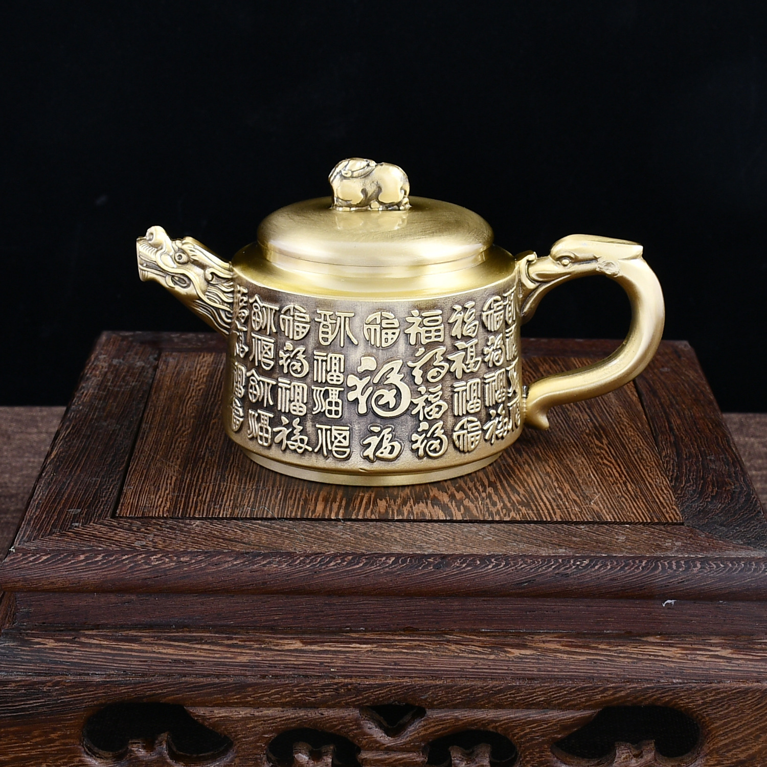厂家批发铜壶摆件 百福茶壶 黄铜龙凤茶壶文玩工艺品桌面茶壶饰品