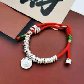 复古国潮纯手工编绳通体S925银本命年平安红绳盘缠手链招财字牌