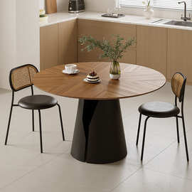 北欧风胡桃木拼花圆形餐桌椅组合小户型家用轻奢现代简约复古饭桌