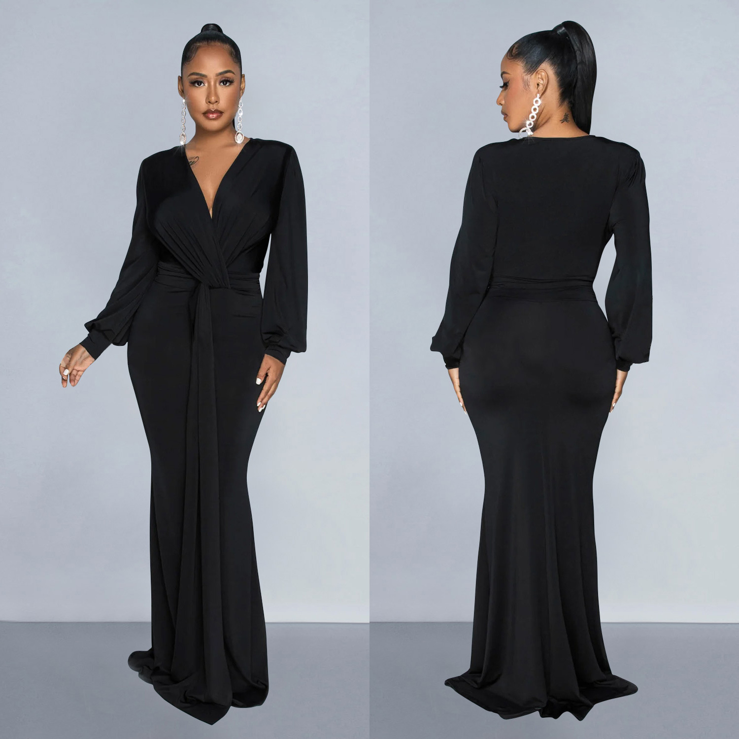 C6796 transfronteriza AliExpress Amazon europeo y americano de las mujeres de color sólido sexy profundo V vestido plisado vestido de las mujeres image 2