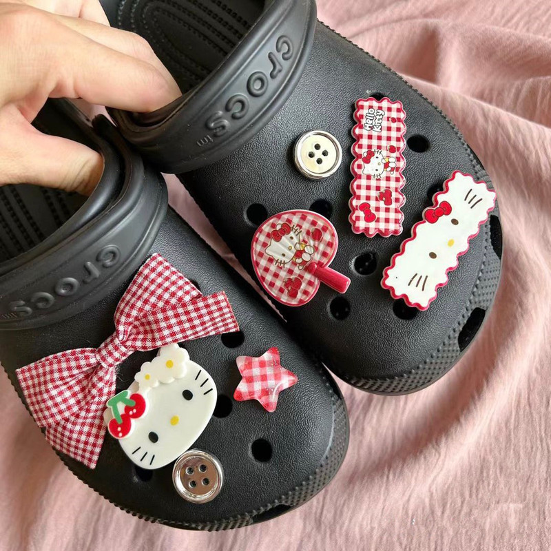 Red Plaid Series Kitty Cat Cave Shoes Shoes Flower Cartoon Cute Shoe Buckle Bow Detachable Upper Decoration