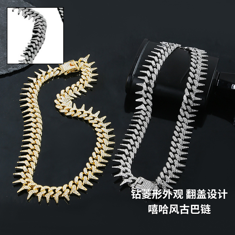 嘻哈满钻项链男荆刺欧美街头风合金饰品男款潮流说唱金色古巴链