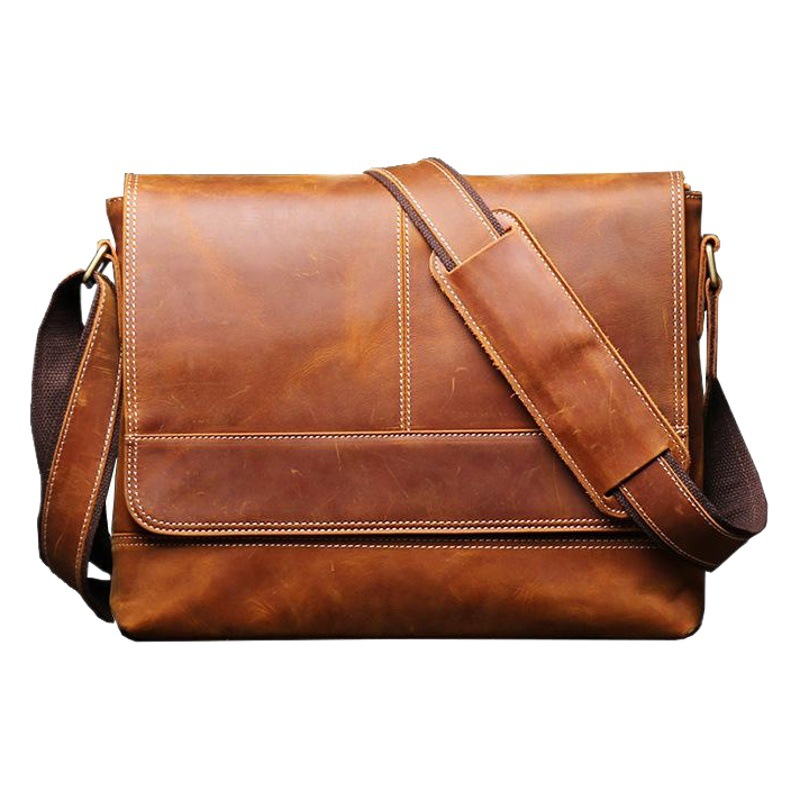 Qijia fábrica de los nuevos hombres retro apenado bolso de hombro de cuero Crazy Horse de cuero bolsa de mensajero de gran capacidad A4 archivo bolsa