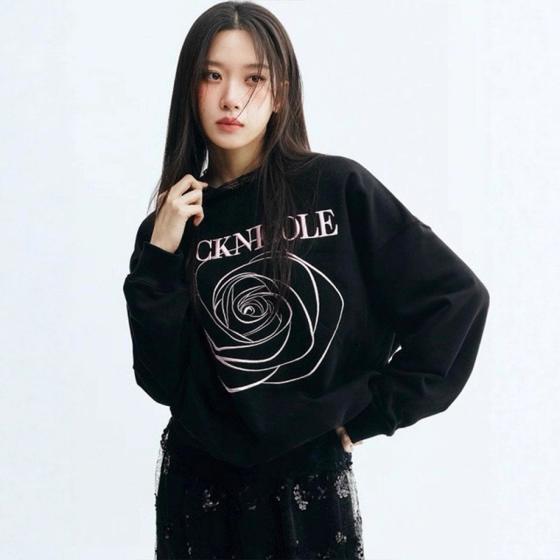 文佳煐同款韩国小众潮牌NICK NICOLE字母玫瑰刺绣宽松圆领卫衣女|undefined