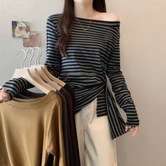 大码女装2025秋季新款不规则设计感收腰条纹甜辣长袖T恤黑色