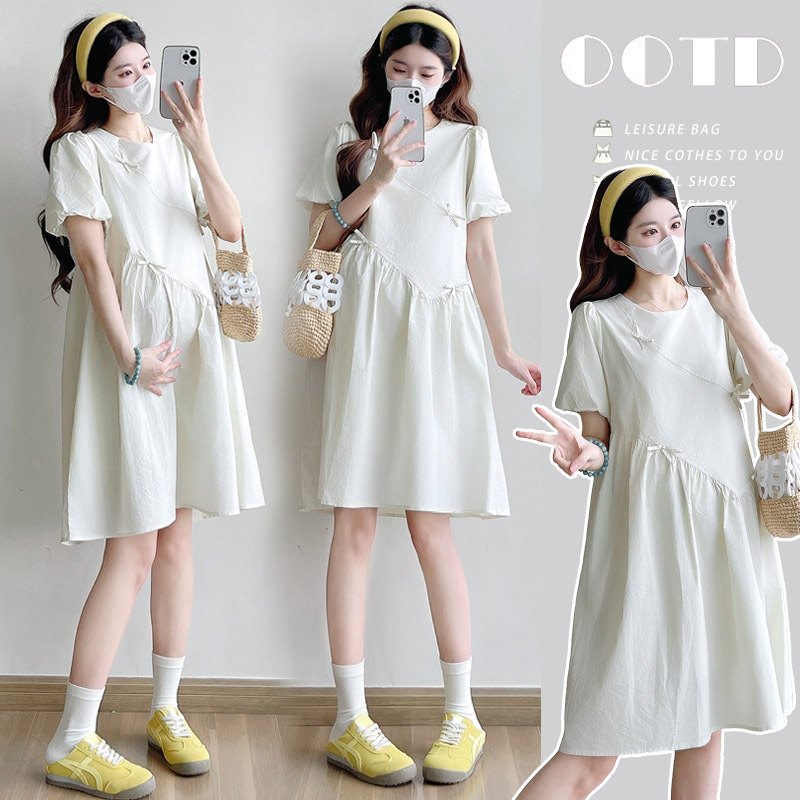 Cotton Bowknot White Dress 2026 Summer Petite Maternity Dress with Puff Sleeves Cotton Bowknot White Dress 2026 Summer Petite Maternity Dress with Puff Sleeves