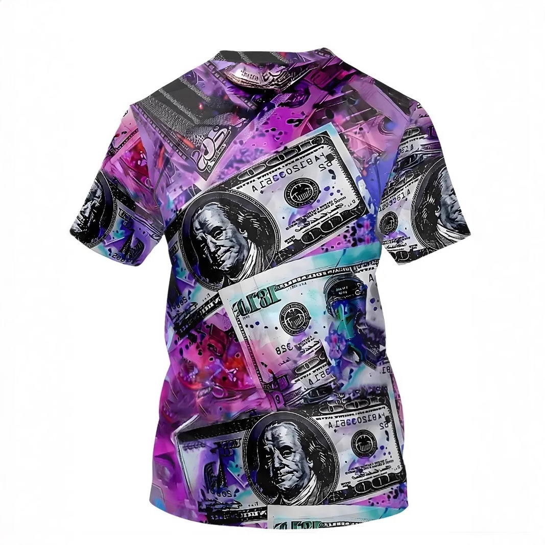 Billetes de colores abstractos estampados en 3D para hombre, malla suelta de verano, manga corta transpirable, cuello redondo, camiseta en stock