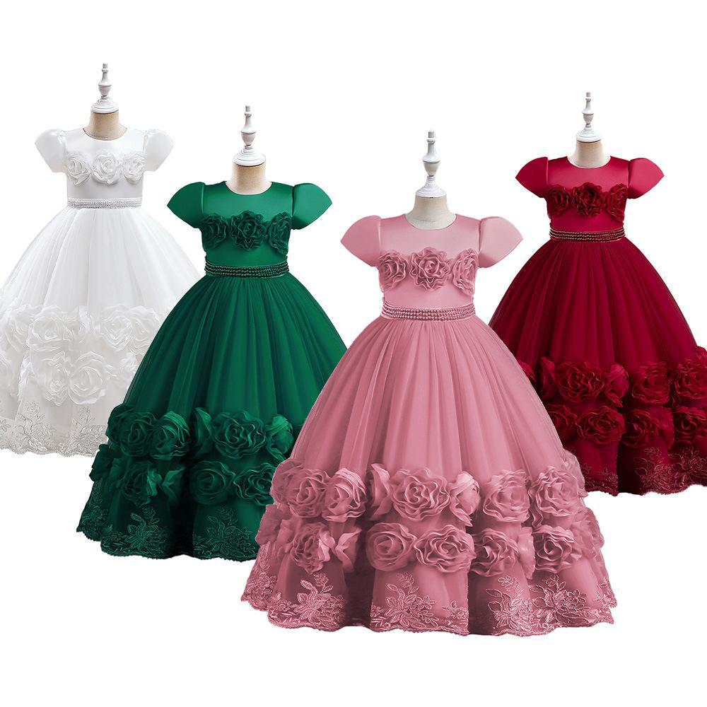 Nuevo vestido de princesa de niña larga transfronteriza decal de malla de niña presenta vestido de desfile vestido de fiesta
