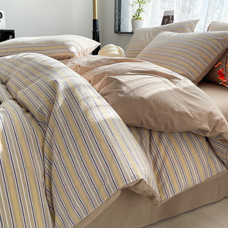 Cama de algodón lavado de algodón de cuatro piezas, sábana de algodón, funda de edredón, dormitorio de estudiantes, ropa de cama de tres piezas, ropa de cama