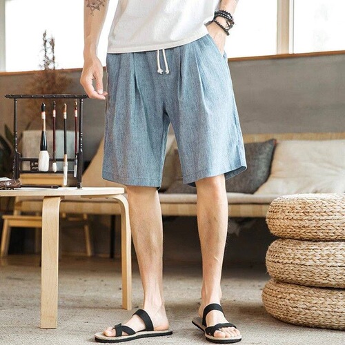 Linen shorts for men, summer outer wear, men's casual quarter pants, summer thin loose cotton and linen pants, ice silk pants