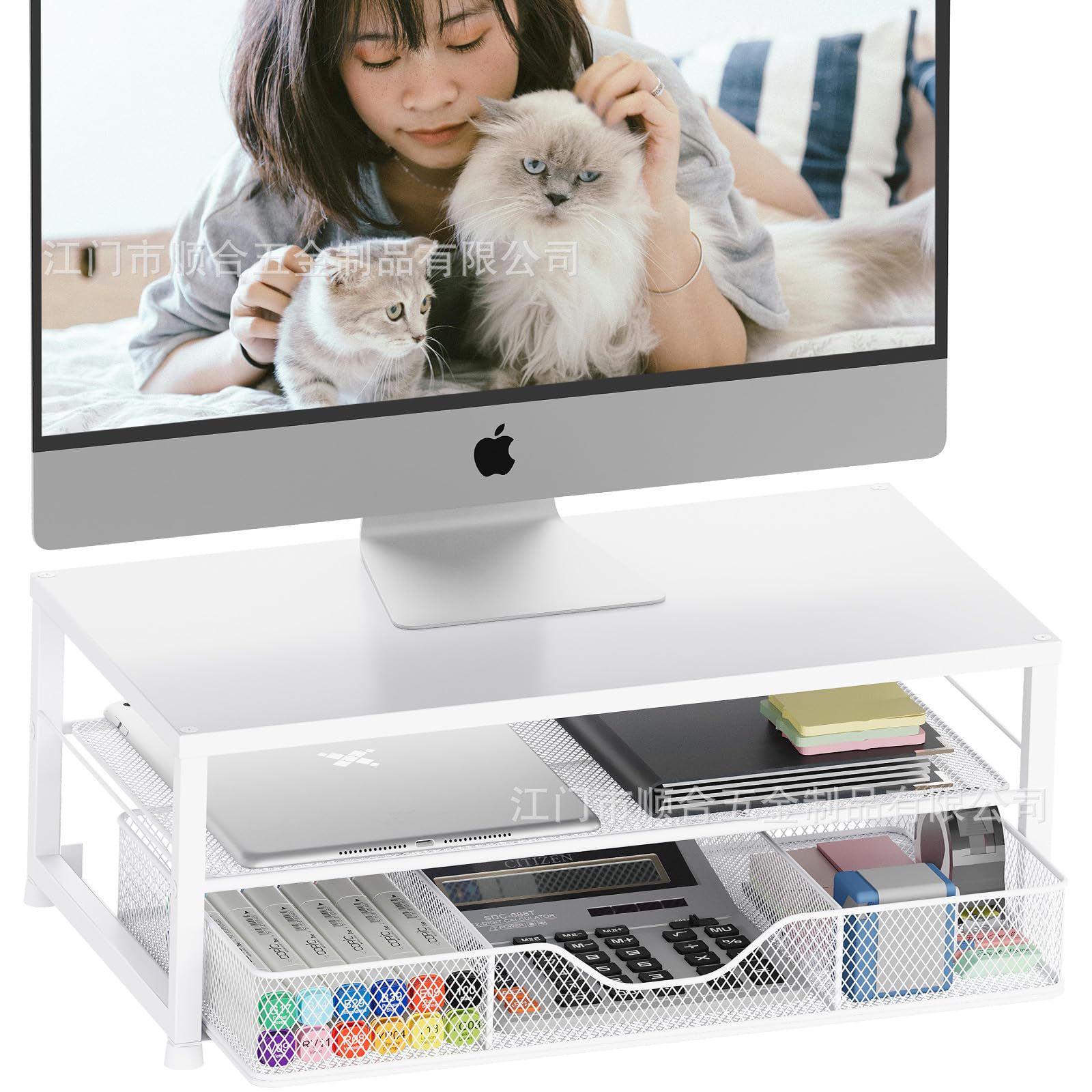 Computer Monitor Elevated Stand Two-Layer Desktop Pad Base Grids Pull-Out Storage Rack Office Storage Rack