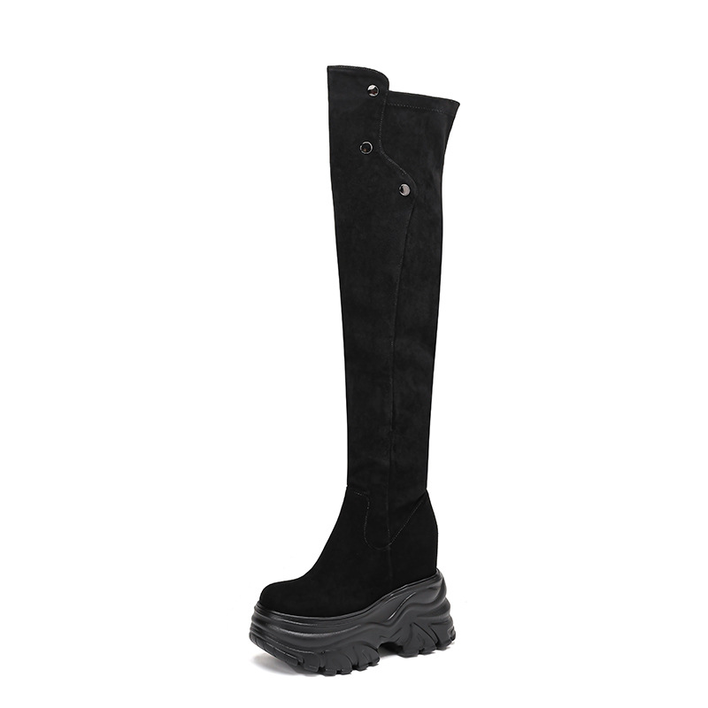 Boot nữ cổ cao ôm bắp chân da lộn đế tăng chiều cao 14 cm — 1638 Da lộn đen lót nhung chi tiết 12
