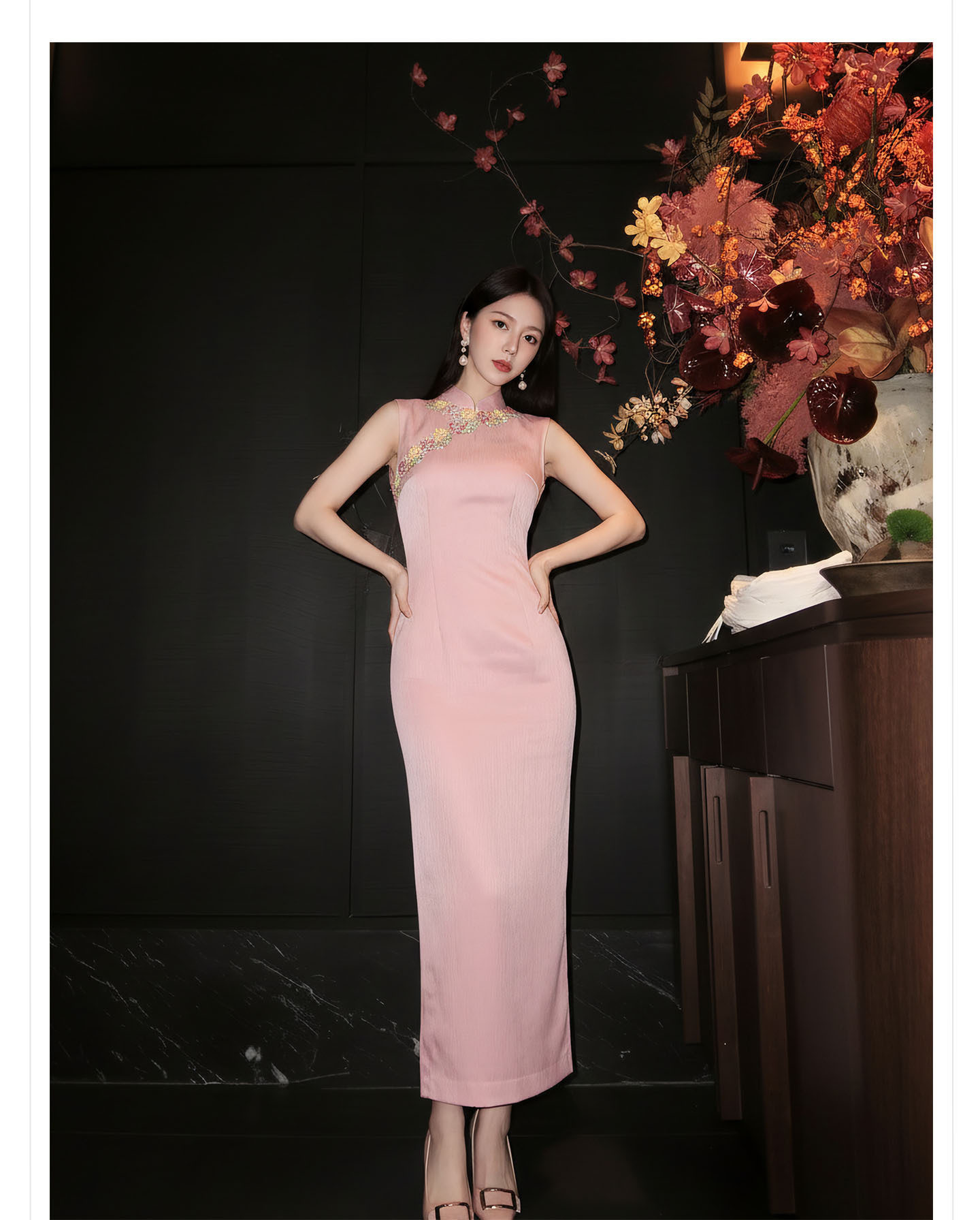 Bộ váy đầm maxi thắt eo kiểu Trung Hoa cải tiến kèm áo khoác choàng tua rua — Trang chủ, bộ đồ, váy liền, váy xanh chi tiết 13