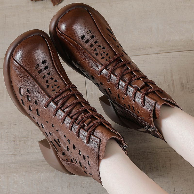 First Layer Cowhide Summer Sandals High-Heeled Martin Boots Women's Boots Hollow Thick-Soled Genuine Leather Spring Short Boots Ultra-High Heels