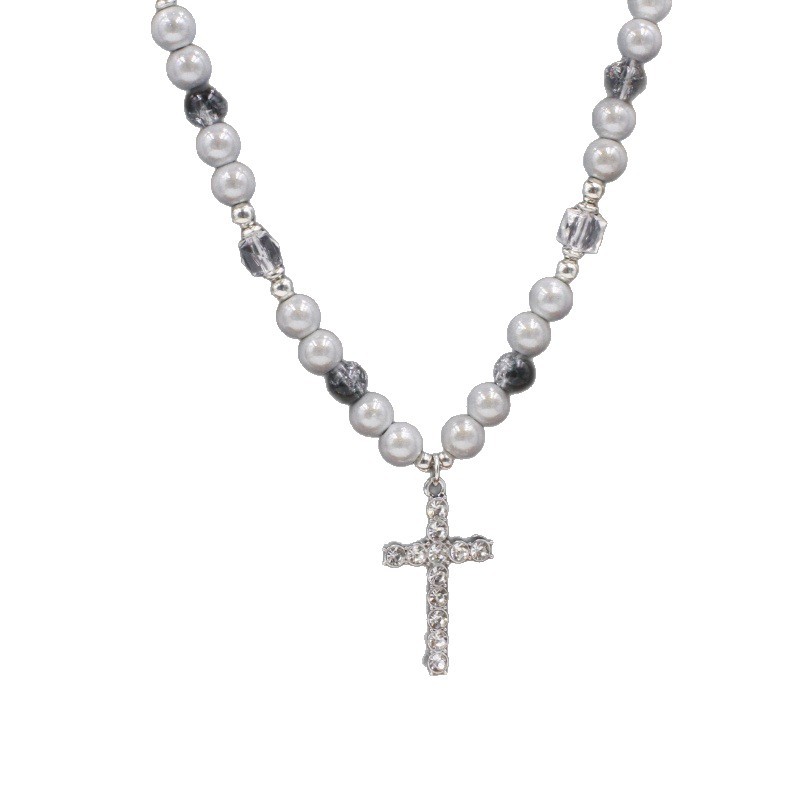 Halskette aus Titanstahl mit reflektierenden Perlen und Kreuzmuster im Schlüsselbein-Stil, Herren- und Damen-Pulloverkette im Hip-Hop-Stil_voghion.com