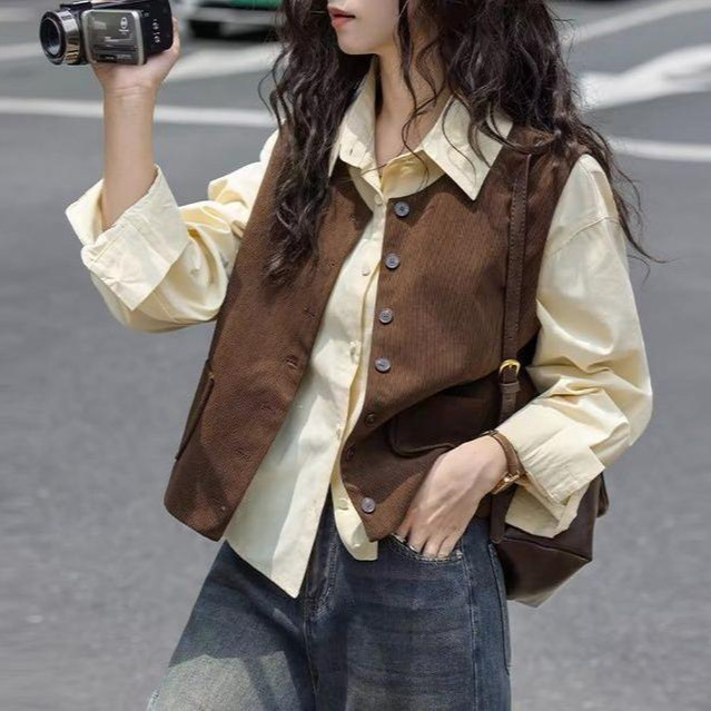 Corduroy Vest 2026 Autumn New Style Layered Sleeveless Jacket Coffee Color Two-Piece Set Fashionable Versatile Vest