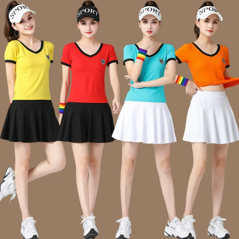 Yang Liping, летняя новая одежда для квадратных танцев, костюм с юбкой, женская танцевальная одежда с короткими рукавами и v-образным вырезом, короткая юбка, костюм из хлопка