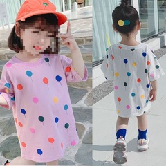 Girls' Skirt Rainbow Polka Dot Short Sleeve Long Dress T-Shirt 2024 Summer New Fashion Export Children's Clothing Drop Shipping 