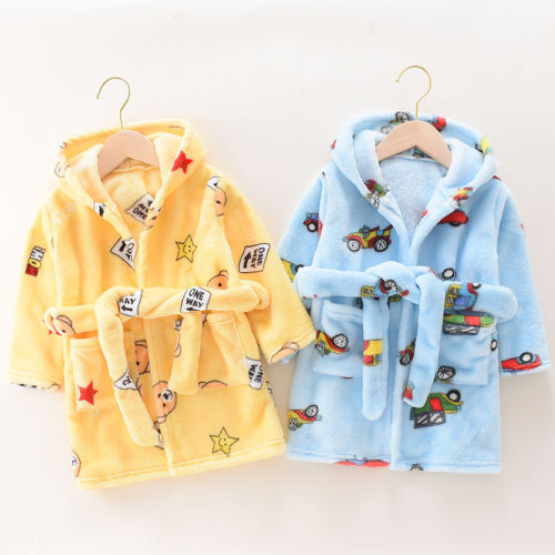 Children's bathrobe, pajamas, winter flannel, thickened and long pajamas, home clothes, children's hooded coral velvet home clothes