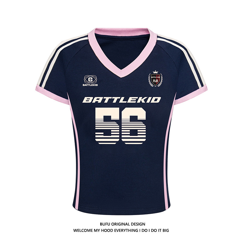 億少年 BUFU レトロホットガール V ネックコントラストジャージ半袖 Tシャツ女性の夏のスポーツ痩身トップ