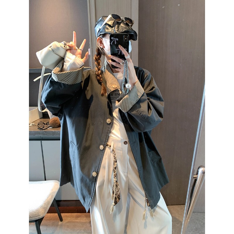 Practical and Stylish British Retro Plaid Patchwork Stand Collar Mid-Length Trench Coat Mq0866