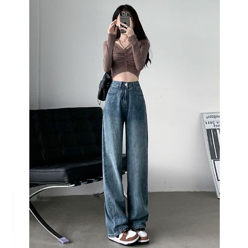 American-style drop-down loose wide-leg women's high-waisted tall-increasing invisible floor-length jeans cross-border supply wholesale