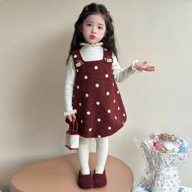 女小童秋冬款加绒连衣裙2025新款女宝冬季加厚花边毛衣波点裙两件