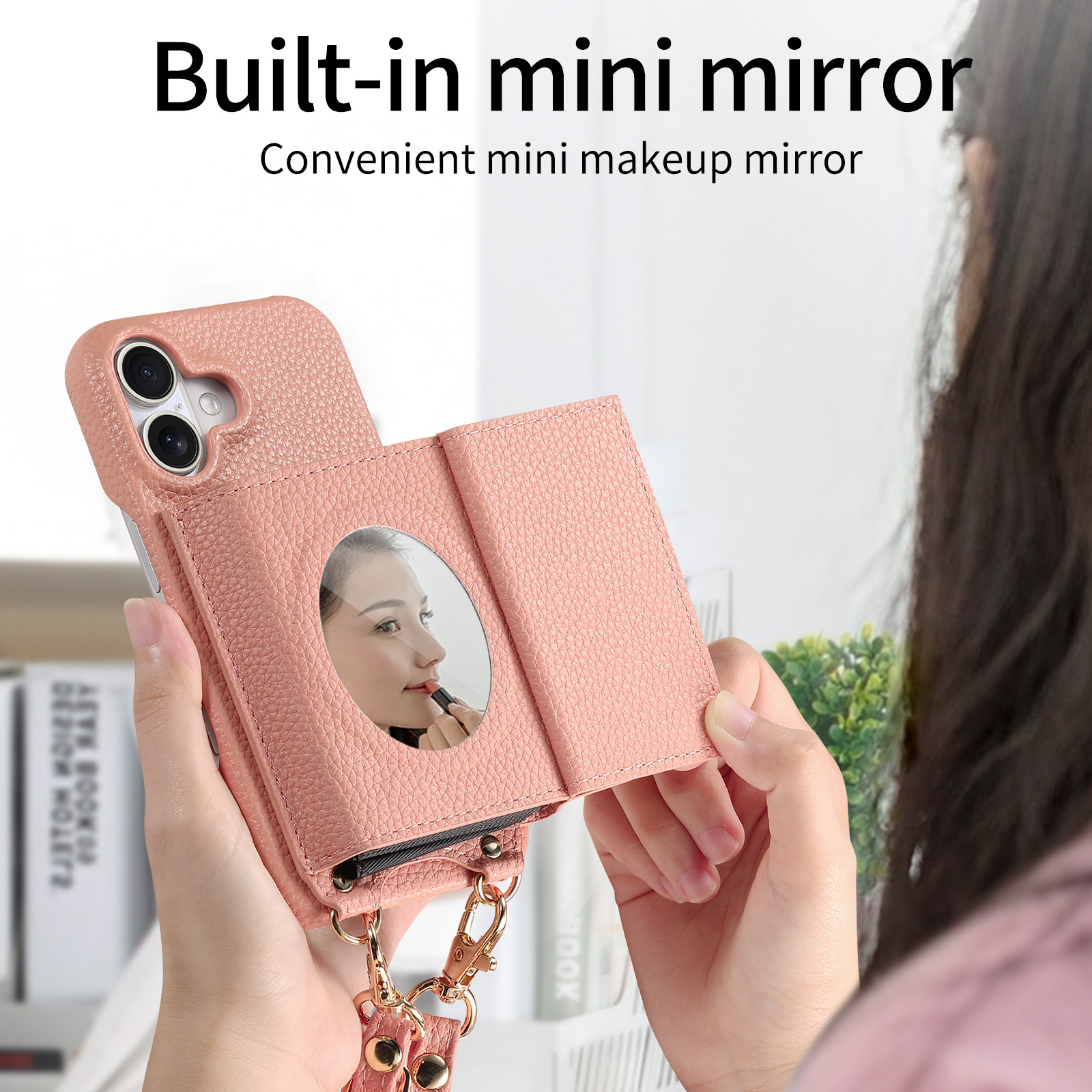 Custodia in pelle per telefono TechGlobe Lychee Texture compatibile con iPhone Accordion Crossbody con tracolla lunga 17 15 Mirror Window 12_voghion.com
