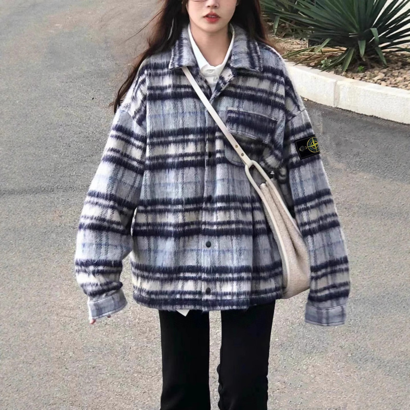 跨境Stone Island 石头岛男女重磅毛呢格纹经典袖章翻领棉服外套|undefined