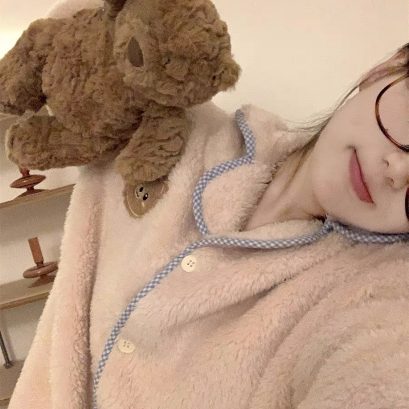 잠옷 여성의 가을과 겨울 칼라 산호 양털 따뜻한 플란넬 보우 포켓 느슨한 캐주얼 홈 의류 세트