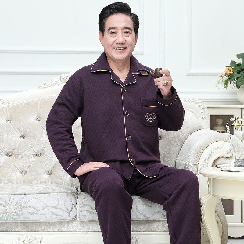 Autumn and Winter pajamas men's thickened sandwich air cotton long sleeve middle-aged and elderly dad casual warm quilted home wear