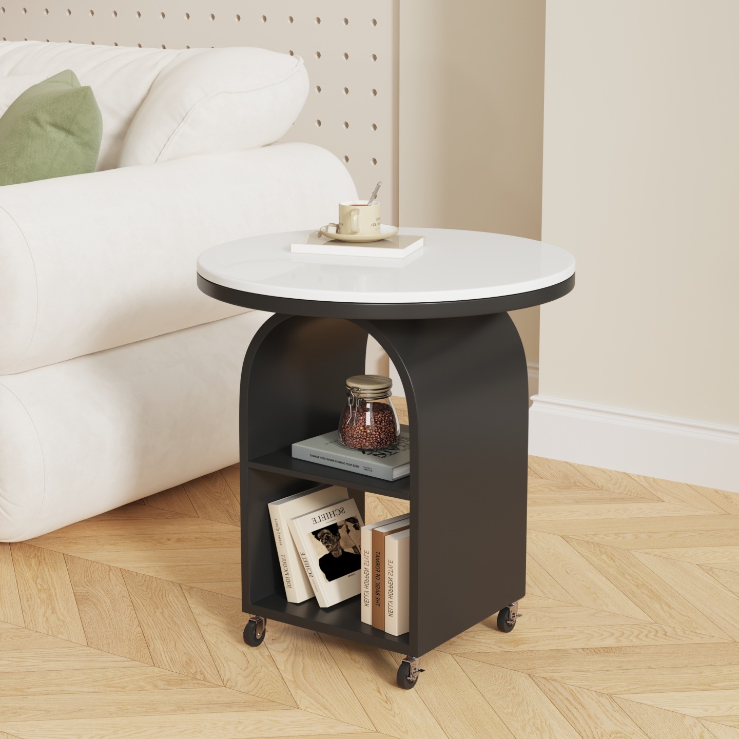 Simple Round Side Table, Mobile Slate Bedside Table, Storage Small Coffee Table, Living Room Sofa Side Table, Balcony Tea Table