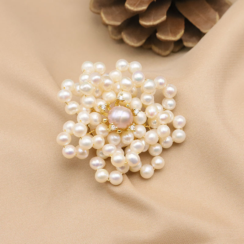 Natural de agua dulce perla ramillete de doble capa perla flor vintage diseño Navidad broche hecho a mano joyería al por mayor image 3