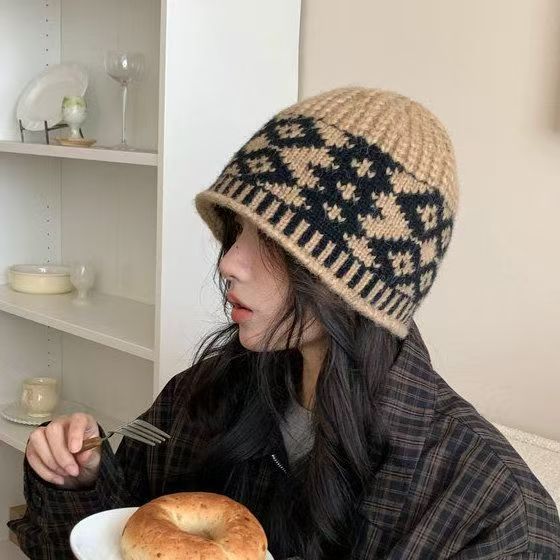 复古拼色菱形格子针织毛线帽女2024年秋冬显脸小包头冷帽保暖帽子|undefined