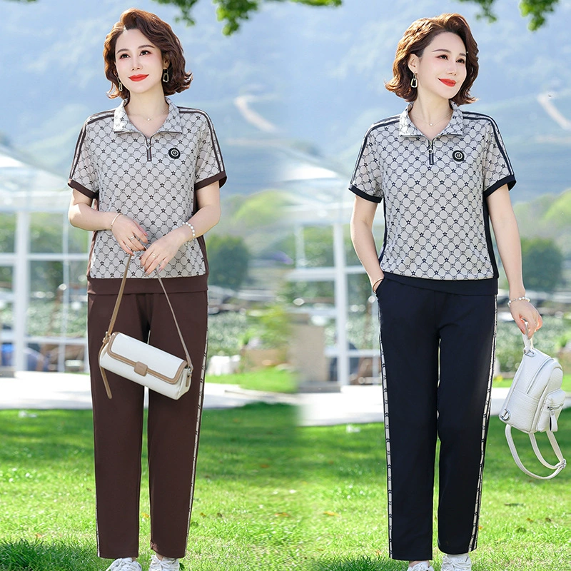 Весенне-осенний повседневный костюм для матери среднего возраста, новый осенний стиль для женщин среднего и пожилого возраста, весенне-осенний повседневный костюм с короткими рукавами в клетку «гусиные лапки».