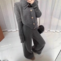 欧美极简针织三件套女2025秋冬马甲开衫＋上衣＋垂感阔腿裤套装潮