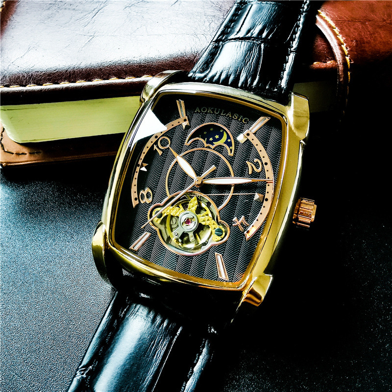 Ogulas reloj cuadrado de los hombres gran dial hueco transparente reloj mecánico automático de gama alta de cuero casual reloj de los hombres