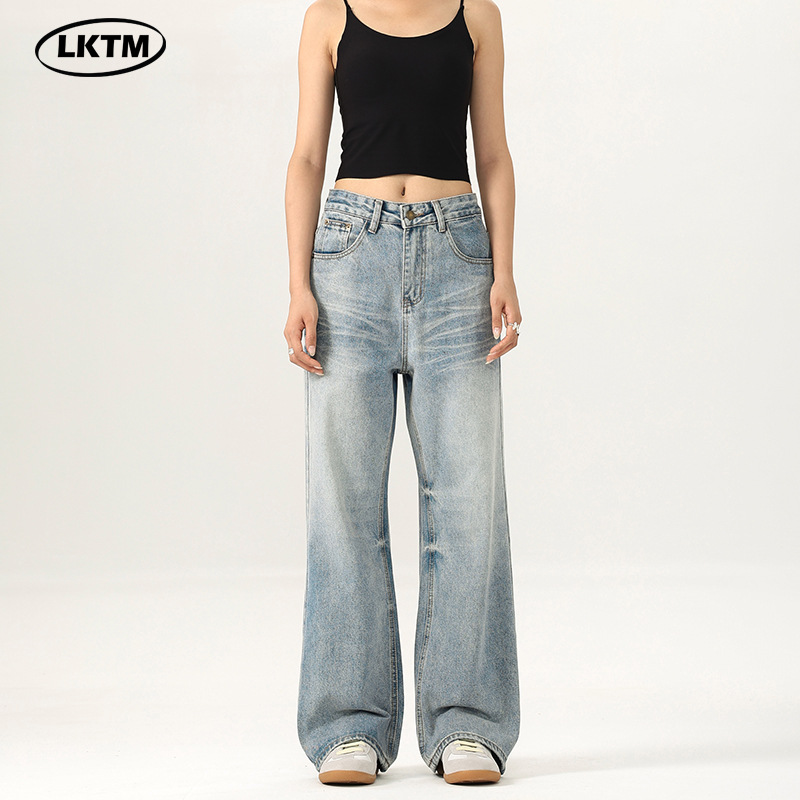 LKTM Men's Clothing #American High Street Washed Light Color Jeans for Men and Women, Vibe Trendy Versatile Loose Fit Flared Pants